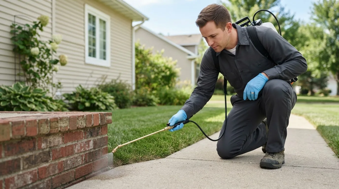 Pest control technician treating a home near Flaxton, ND